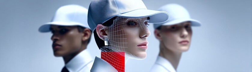 Poster - Futuristic sci-fi digital collage with cybernetic humans, neon grids, data streams, high-tech aesthetics, glitch effects, cinematic lighting