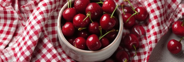 Aufkleber - Bowl of Fresh Cherries on Red and White Gingham Cloth for a Vibrant Summer Snack or Dessert