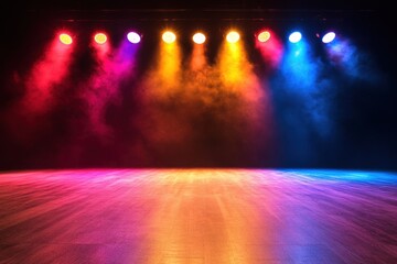 Poster - Stage lights shine down on empty stage with fog and colorful lighting for a show or performance arts venue
