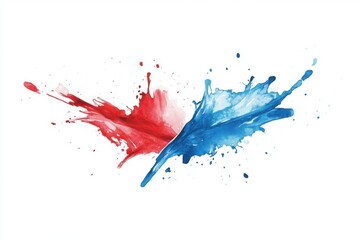 Aufkleber - Watercolor Paint Splashes Colliding on White Background Artistic Illustration Abstract Design Red and Blue Colors Close Up