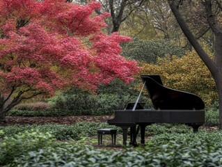 Wall Mural - Grand piano and stool in autumn garden with red maple tree, eye-level view, natural light, outdoor scene