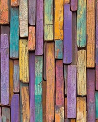 Poster - Colorful wood planks arranged vertically in a textured pattern close up abstract background design element overhead shot