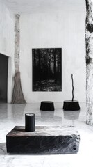 Poster - Minimalist interior design with wood furniture art and white walls in a bright modern space studio shot