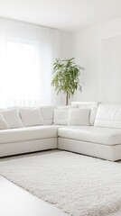 Poster - Bright Living Room Interior with White Leather Sectional Sofa and Green Plant in Minimalist Style Home Decor