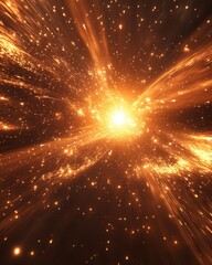 Poster - Abstract cosmic explosion with golden light streaks and sparkling particles in deep space digital art