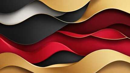 Poster - Elegant Abstract Background Featuring Gold Black and Red Wavy Layers Sophisticated Design Backdrop