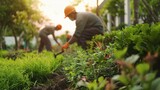 Landscapers working on a commercial property garden.
