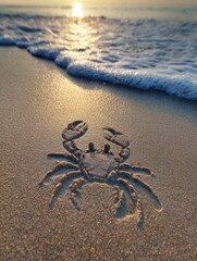Fototapete - Crab Silhouette in Sand With Sea Pattern During Sunset at the Beach