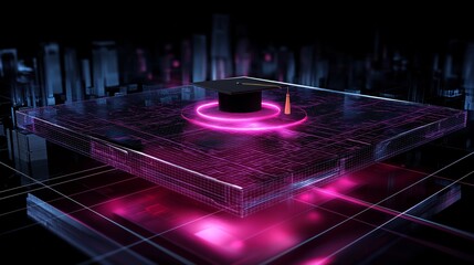 Poster - Floating graduation cap above a holographic city map highlighting modern technological advancements