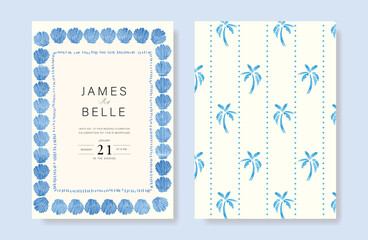 Fototapete - Indigo Italy summer invitation card vector. Italian poster with blue shell, coconut tree pattern, summer element. Design for wedding card, greeting card, bridal shower, cover.