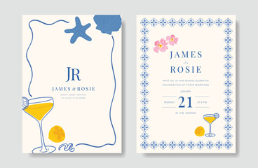 Fototapete - Indigo Italy summer invitation card vector. Italian poster with lemon, shell, wine, summer element. Design for wedding card, greeting card, bridal shower, cover.