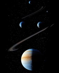 Poster - Saturn-like planets with rings in deep space, cosmic view, celestial bodies, universe exploration, astronomy concept, science fiction, dark background, vertical