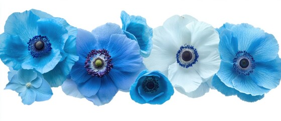 Poster - Blue and White Anemone Flowers in a Row on White Background Close Up Studio Shot Botanical Floral Arrangement