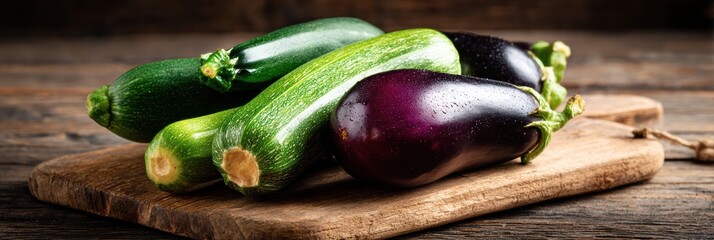 Aufkleber - Colorful Eggplants and Zucchinis Arranged on Rustic Cutting Board for Culinary Preparation in a Cozy Kitchen Setting
