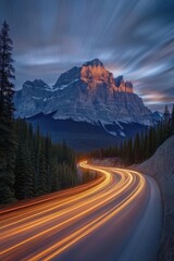 Wall Mural - Mountain Majesty Road Light Trails Long Exposure Twilight Scenic Alberta Canada Landscape Photography