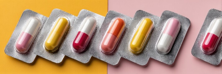 Poster - Colorful Capsules Arranged in a Clean Blister Pack on a Flat Surface With Vibrant Background