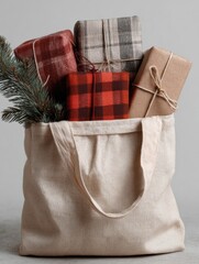 Poster - Holiday Bag Filled With Gifts and Decorations on a Neutral Background Perfect for Seasonal Celebrations