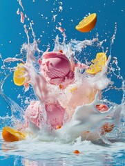 Poster - Pink Ice Cream Scoops Exploding with Milk and Orange Slices Against Blue Backdrop Studio Shot High Angle