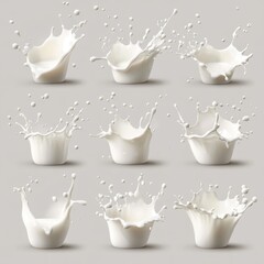 Poster - Milk splash collection in white cups against light background studio shot for food and drink concept