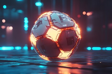 Poster - Futuristic glowing soccer ball resting on a textured surface with neon lighting and bokeh elements