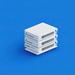 Poster - A stack of sleek. modern storage devices arranged neatly against a vibrant blue background. showcasing innovative design and functionality for digital organization
