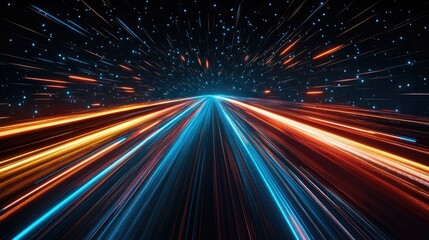 Poster - A dynamic. abstract representation of light trails in vibrant blue and orange colors. evoking a sense of speed and motion through a cosmic background