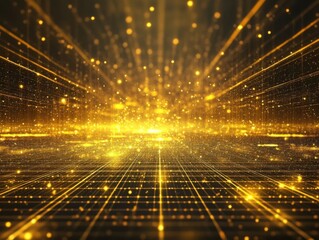 Aufkleber - Golden Grid Perspective View of Data Stream Flowing in Digital Space; Abstract Futuristic Technology Background; Network Connection and Artificial Intelligence Concept