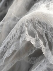 Poster - Abstract Close-up of Delicate White Lace Fabric Draping and Flowing in Soft Light for Bridal or Fashion Design