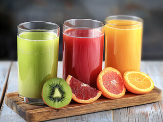 Poster - Three glasses of fresh juice with kiwi, grapefruit, and orange slices on wooden board, vibrant and refreshing