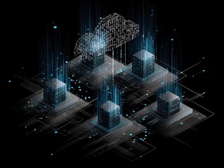 Poster - Futuristic cloud computing architecture visualization with binary data