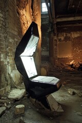 Poster - Modern Geometric Chair in Abandoned Building Interior, Low Angle View, Unique Design, Urban Decay, Architectural Contrast, Light and Shadow