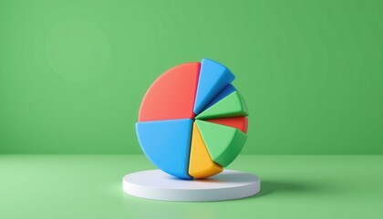 Poster - A colorful 3D pie chart sculpture sits on a white pedestal against a green background.