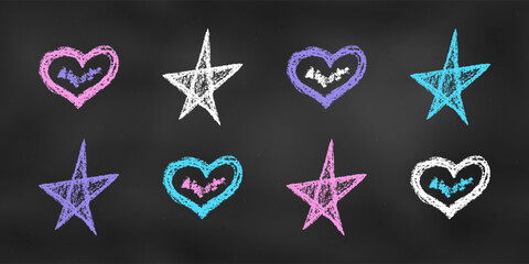 Wall Mural - Children's Chalk Drawn Sketch. Set of Design Elements Hearts and Stars, Isolated on Chalkboard Backdrop.