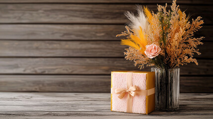 Aufkleber - Gold gift box, pink ribbon, dried flower bouquet, wooden table, rustic background, elegant, celebration
