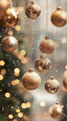 Poster - Golden Christmas Ornaments Hanging in Festive Holiday Scene with Bokeh Lights and Snowfall Celebration