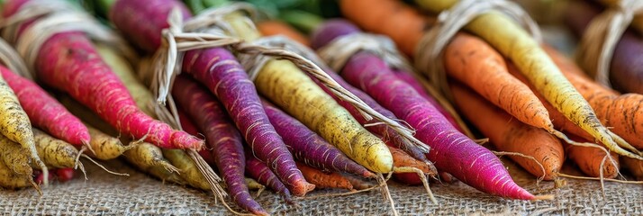 Poster - Colorful Carrots Tied With Twine Displayed on Burlap in a Rustic Setting, Highlighting Fresh Produce and Vibrant Colors