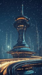 Poster - Futuristic Cityscape at Night with Glowing Tower and Elevated Roads Sci-Fi Urban Scene