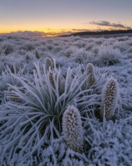 Poster - Frosty Field at Sunrise Landscape View of Frozen Thistle Plants and Grasses in Winter Nature Scene with Golden Light