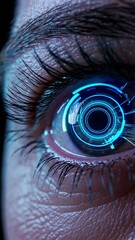 Poster - Futuristic human eye with blue digital interface displaying data and technology interaction
