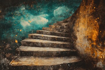 Poster - Abstract Stairway Ascending Against a Textured Wall in a Dreamlike Setting Artistic Composition