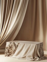 Poster - Stone podium with draped cloth and curtain backdrop studio shot for product display or presentation neutral tones