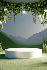 Aufkleber - White circular podium, green grass, mountain background, leafy ceiling, spotlight, natural, serene