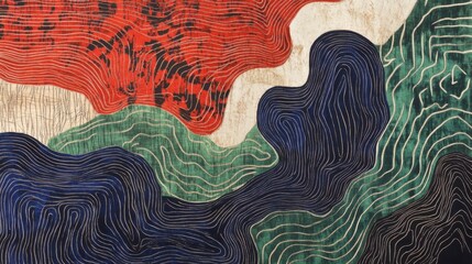 Poster - Abstract Topographic Map Art with Red Blue Green and Beige Colors Modern Contemporary Design