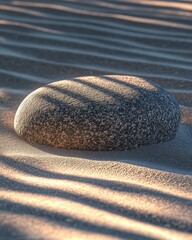 Poster - Smooth Stone Resting on Sand Dunes at Sunset Close Up Nature Photography Serene Landscape Peaceful Beach Scene