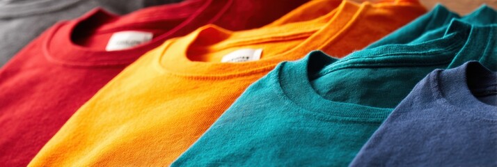 Poster - Folded Vibrant T-Shirts in Various Colors Displayed on a Table With Side Margin Open for Visibility of Fabric and Stitching Details