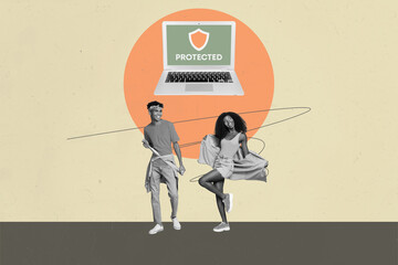 Aufkleber - Creative full artwork collage of happy girl guy business partners stand laptop danger warning alert cyberattack virus protection