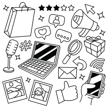 Set of hand drawn social media element doodle collection
