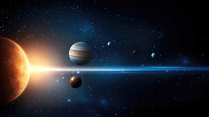 Aufkleber - Solar system planets aligned in deep space, glowing sun, cosmic stars, astronomy, science fiction background