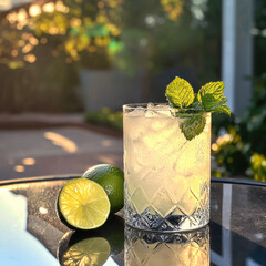 Poster - Refreshing glass of iced lime cocktail with mint garnish, sunlight, and outdoor garden background