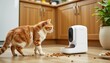© Sinechana - concept: smart cat feeder pouring a portion of dry food in the kitchen. hungry cat running to the automatic robot feeder